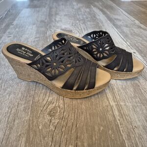 Spring Step Cork Wedge Platform Sandal Black Cut-out Leather Slip On